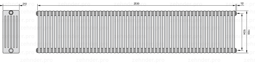 Схема (чертеж) Радиатор Zehnder Charleston 6110/55 №7610 Белый глянцевый RAL 9016